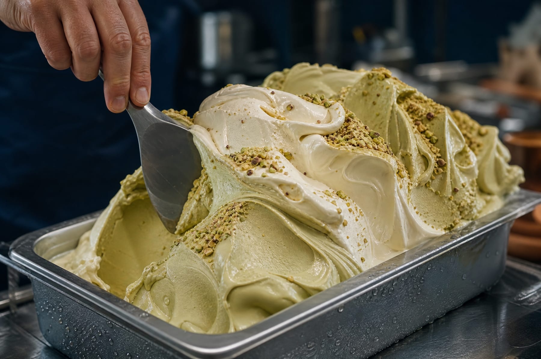 Une spatule d'acier lisse une glace à la pistache dans un bac de laboratoire.